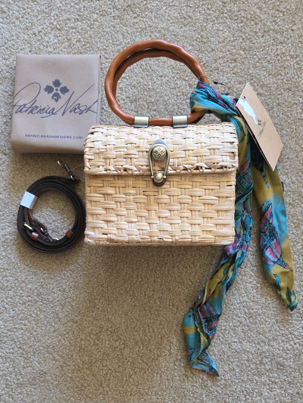 Patricia Nash Natural Woven Top-Handle Crossbody Bag w/ Scarf Wicker Collection